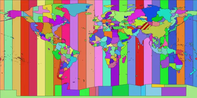 very contrasted map of the world with all the time zones