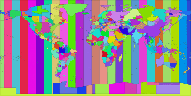 very contrasted map of the world with all the time zones